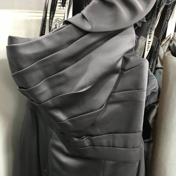 Knee-Length Satin Bridesmaids Dress, Charcoal Grey gray 1 Shoulder with ruffle - Picture 6 of 6